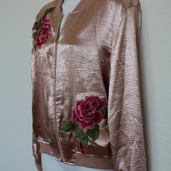 LIPSLIDE Bomber SILKY JACKET Shine EMBROIDERED Flower Detail VINTAGE - Size S - Picture 3 of 8